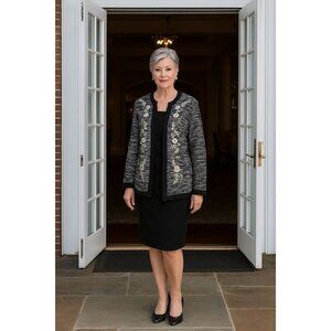 Cathy Daniels Floral Cardigan M  Black White Embroidered Knit Cottagecore Career